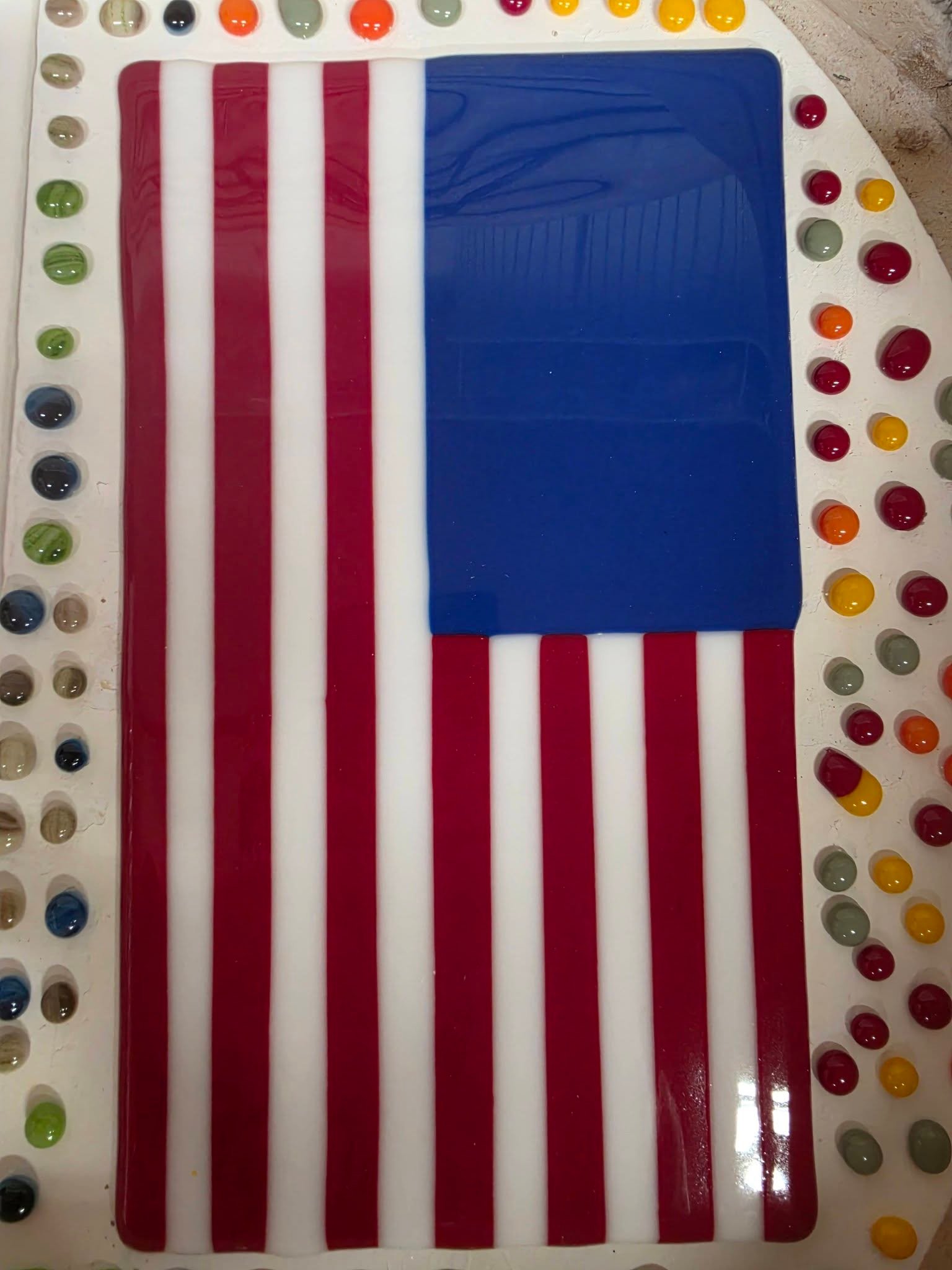 Patriotic fused glass panel with dot border
