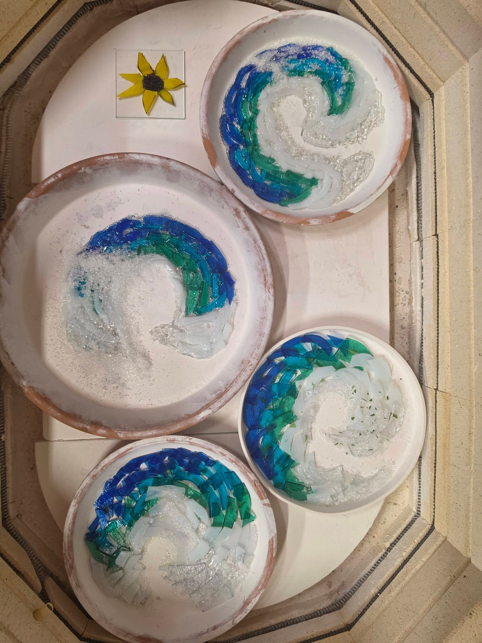Hand-painted sunflower and wave ceramic plates