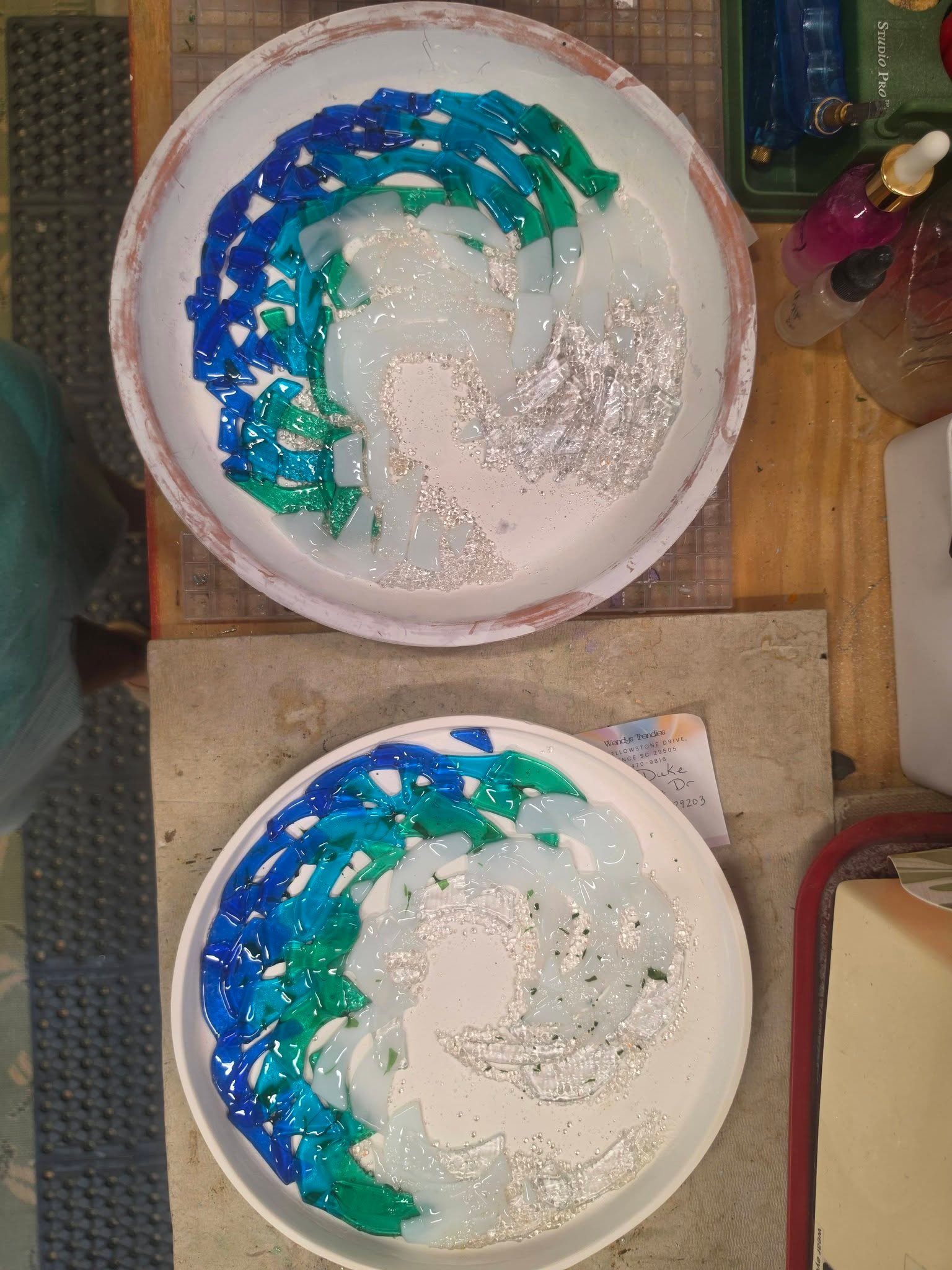 Hand-painted teal wave ceramic plate